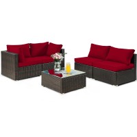 Dortala 5 Pieces Patio Furniture Set, Outdoor Rattan L-Shaped Corner Sofa Set With Cushions, Coffee Table, Patio Sectional Conversation Set For Backyard Porch Garden Poolside, Red