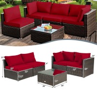 Dortala 5 Pieces Patio Furniture Set, Outdoor Rattan L-Shaped Corner Sofa Set With Cushions, Coffee Table, Patio Sectional Conversation Set For Backyard Porch Garden Poolside, Red
