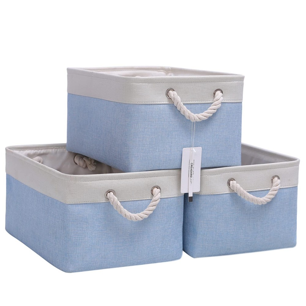 Creadard Fabric Storage Basket Set Of 3, Foldable Linen Storage Box For Nursery And Home, Collapsible Canvas Shelf Basket For Wardrobe Or Bedroom, Blue And White