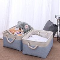 Creadard Fabric Storage Basket Set Of 3, Foldable Linen Storage Box For Nursery And Home, Collapsible Canvas Shelf Basket For Wardrobe Or Bedroom, Blue And White