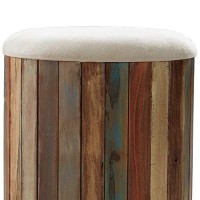 Benjara Round Padded Seat Storage Wooden Ottoman, Multicolor