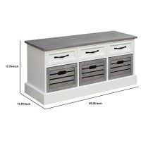 Benjara 3 Drawer Wooden Storage Bench With Plinth Base, Gray, White