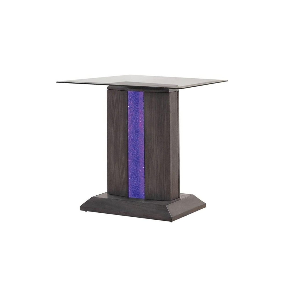 Benjara Glass Top End Table With Wooden Pedestal Base, Gray