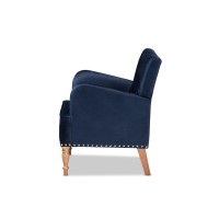 Baxton Studio Eri Contemporary Glam and Luxe Navy Blue Velvet Upholstered and Walnut Brown Finished Wood Armchair