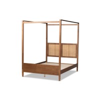 Baxton Studio Malia Modern and Contemporary Walnut Brown Finished Wood and Synthetic Rattan King Size Canopy Bed