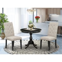 East West Furniture 3 Piece Dining Set Consists of 1 Modern Dining Table and 2 Doeskin Linen Fabric Dining Chairs Button Tufted