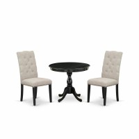 East West Furniture 3 Piece Dining Set Consists of 1 Modern Dining Table and 2 Doeskin Linen Fabric Dining Chairs Button Tufted