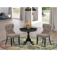 East West Furniture 3 Piece Dining Table Set Contains 1 Dining Room Table and 2 Coffee Linen Fabric Dining Chairs Button Tufted