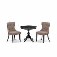 East West Furniture 3 Piece Dining Table Set Contains 1 Dining Room Table and 2 Coffee Linen Fabric Dining Chairs Button Tufted