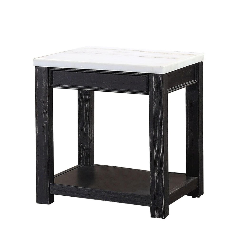 Benjara Marble Top Wooden End Table With Open Bottom Shelf, Black And White