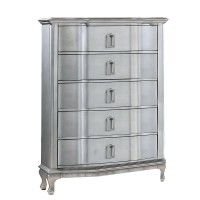 Contemporary 5 Drawer Wooden Chest with Rectangle Knobs, Silver