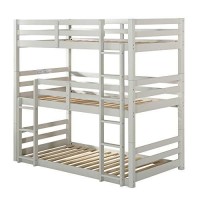 Benjara Twin Size 3 Tier Wooden Bunk Bed With Ladder, White