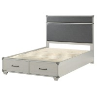 Wooden Twin Bed with 2 Storage Drawers, White and Gray