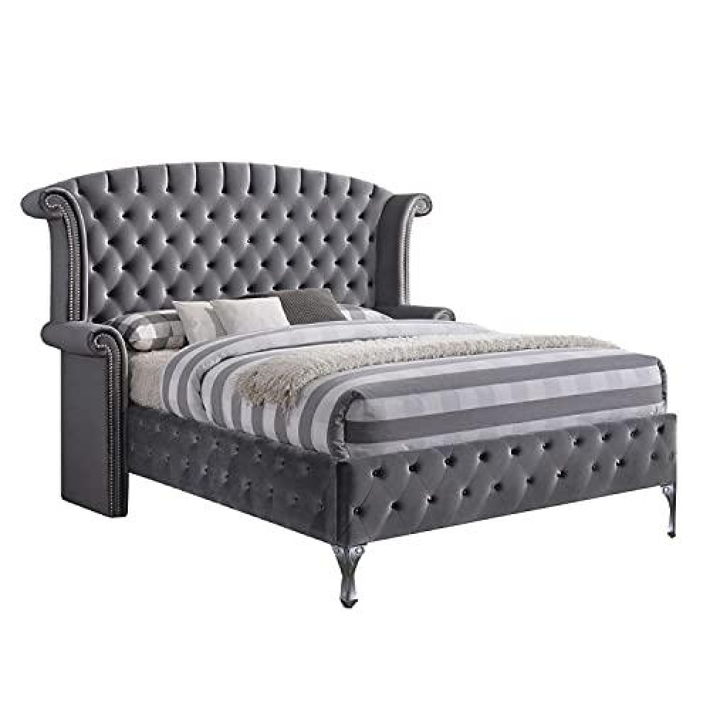 Benjara Button Tufted Fabric Upholstered Eastern King Bed, Gray