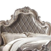 Leatherette Eastern King Bed with Scrolled Details, Bone White