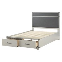 Wooden Full Bed with 2 Storage Drawers, White and Gray