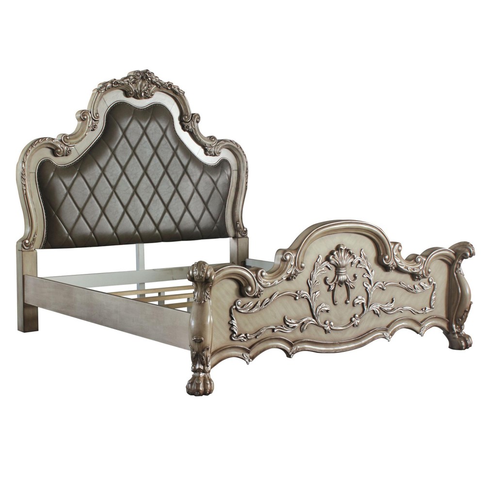 Leatherette Queen Bed with Scrolled Details, Bone White