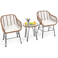 Tangkula 3 Pieces Patio Conversation Bistro Set, Outdoor Wicker Furniture w/Round Tempered Glass Top Table & 2 Rattan Armchairs, Bistro Chat Set w/Seat Cushions for Porch, Backyard, Garden