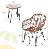 Tangkula 3 Pieces Patio Conversation Bistro Set, Outdoor Wicker Furniture w/Round Tempered Glass Top Table & 2 Rattan Armchairs, Bistro Chat Set w/Seat Cushions for Porch, Backyard, Garden