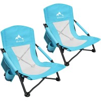 Oileus Low Beach Chair For Beach Tent & Shelter & Camping Outdoor Ultralight Backpacking Folding Recliner Chairs With Cup Holder & Storage Bag, Carry Bag, Breeze Mesh Back, Compact Duty 2 Pcs