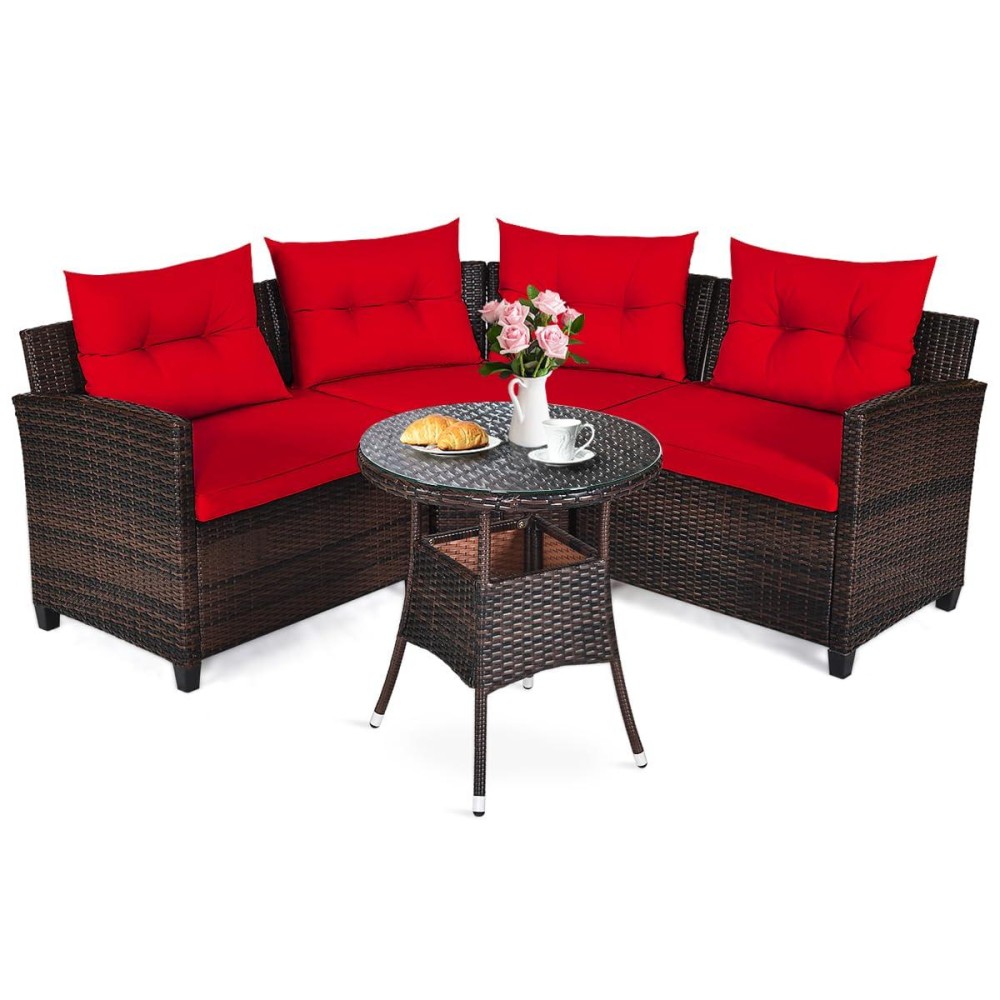 Dortala 4-Piece Sectional Furniture Patio Set L-Shape Outdoor Wicker Sofa Set W/Cushions & Sophisticated Glass Coffee Table Couch Modern Deck Rattan Furniture For Garden Poolside Balcony, Red