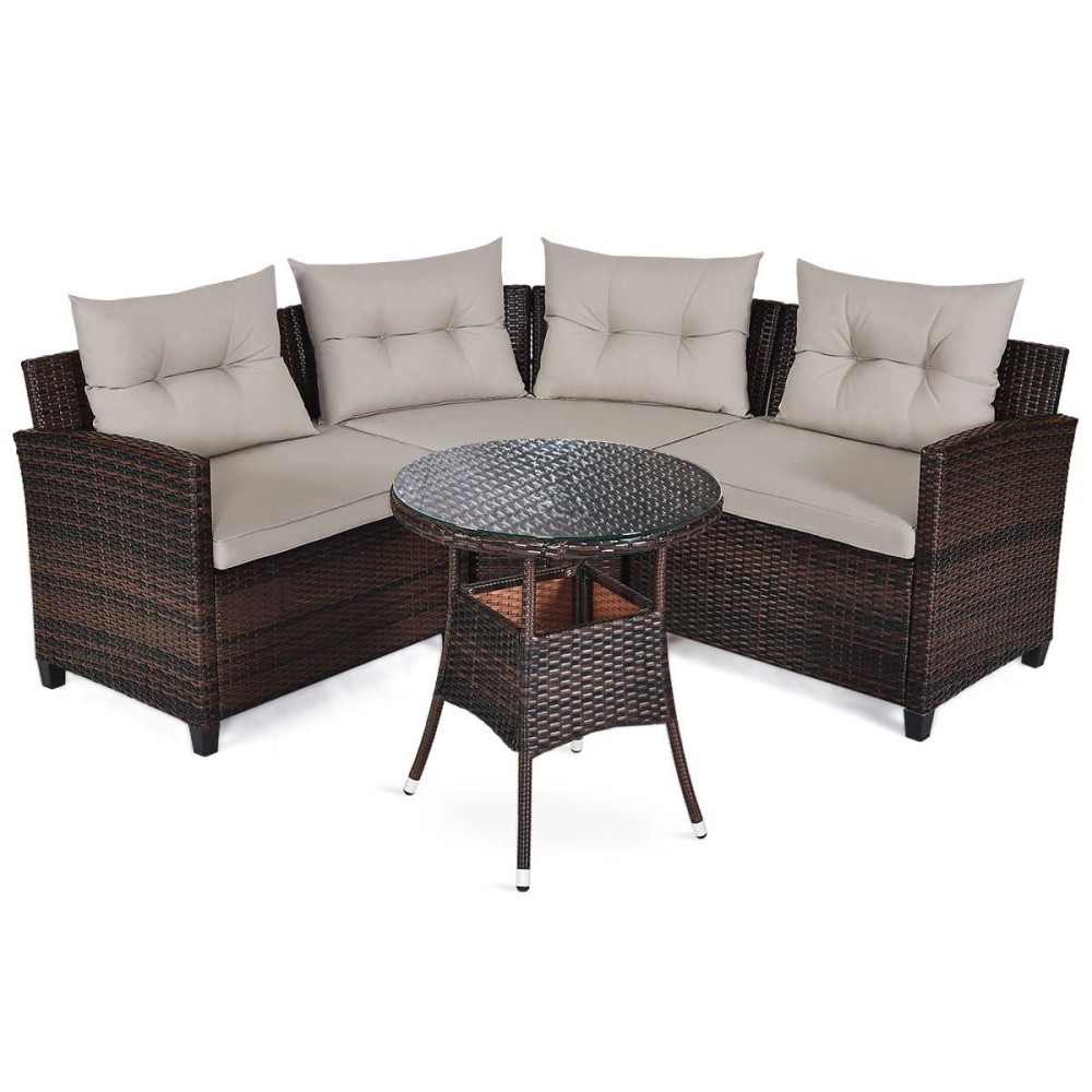 Dortala 4-Piece Sectional Furniture Patio Set L-Shape Outdoor Wicker Sofa Set W/Cushions & Sophisticated Glass Coffee Table Couch Modern Deck Rattan Furniture For Garden Poolside Balcony, Dark Brown