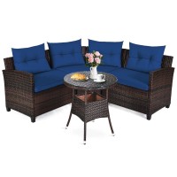 Dortala 4-Piece Sectional Furniture Patio Set L-Shape Outdoor Wicker Sofa Set W/Cushions & Sophisticated Glass Coffee Table Couch Modern Deck Rattan Furniture For Garden Poolside Balcony, Navy