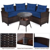 Dortala 4-Piece Sectional Furniture Patio Set L-Shape Outdoor Wicker Sofa Set W/Cushions & Sophisticated Glass Coffee Table Couch Modern Deck Rattan Furniture For Garden Poolside Balcony, Navy