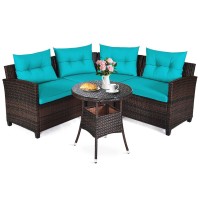 Dortala 4-Piece Sectional Furniture Patio Set L-Shape Outdoor Wicker Sofa Set W/Cushions & Sophisticated Glass Coffee Table Couch Modern Deck Rattan Furniture For Garden Poolside Balcony, Turquoise