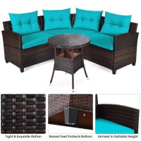 Dortala 4-Piece Sectional Furniture Patio Set L-Shape Outdoor Wicker Sofa Set W/Cushions & Sophisticated Glass Coffee Table Couch Modern Deck Rattan Furniture For Garden Poolside Balcony, Turquoise