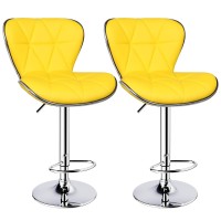 Leopard Shell Back Adjustable Swivel Bar Stools, Pu Leather Padded With Back, Set Of 2 (Yellow)