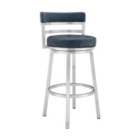 Benjara 26 Inch Leatherette Counter Height Barstool, Silver And Blue