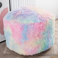 Pouf Ottoman Covers, Round Bean Bag Poof Ottoman Seat,Soft Faux Fur Footrest Stool, 20x20x12 Inches Fuzzy Chair, Floor Chair,Foot Rest with Storage for Living Room, Bedroom (Rainbow Pouf Cover)