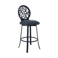 Benjara 26 Inches Leatherette Counter Stool With Geometric Back, Black