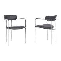 Metal and Leatherette Dining Chair, Set of 2, Silver and Gray