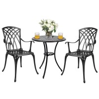 Polar Aurora 3 Piece Patio Bistro Set Cast Aluminum Bistro Table Set Outdoor Round Dining Table With Umbrella Hole For Porch, Lawn, Garden, Backyard, Pool,Black