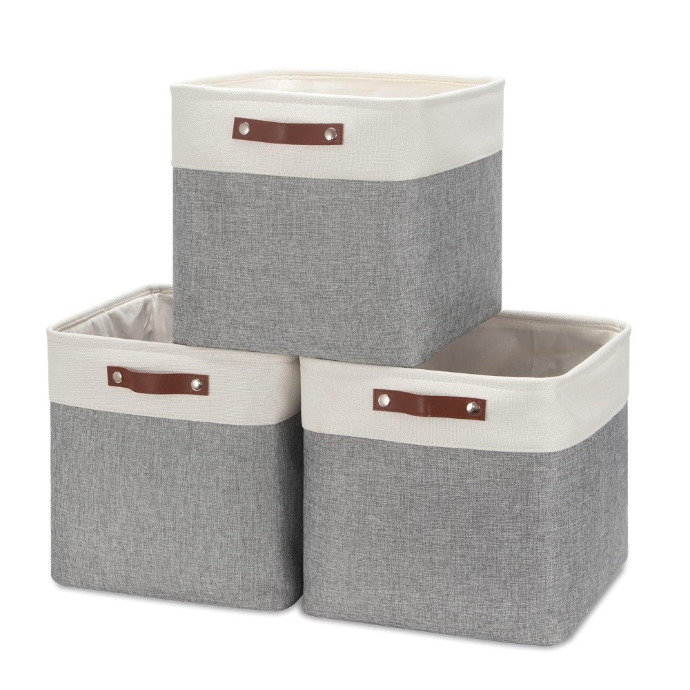 Hnzige Storage Foldable Storage Baskets Cubes Set(3 Pack) Fabric Bins For Shelves,13 Inch Storage Basket For Organizing With Leather Handles For Home, Toys, Clothes,Closet Storage(White&Gray)