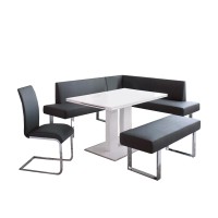 3 Piece Leatherette Dining Set with Nook Sofa, Black and White