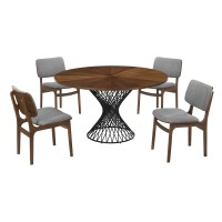 5 Piece Mid Century Round Dining Table Set, Brown and Gray