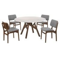 5 Piece Marble Top Dining Table with Curved Back and Seat, Brown and White