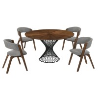 5 Piece Mid Century Modern Dining Table Set, Brown and Gray