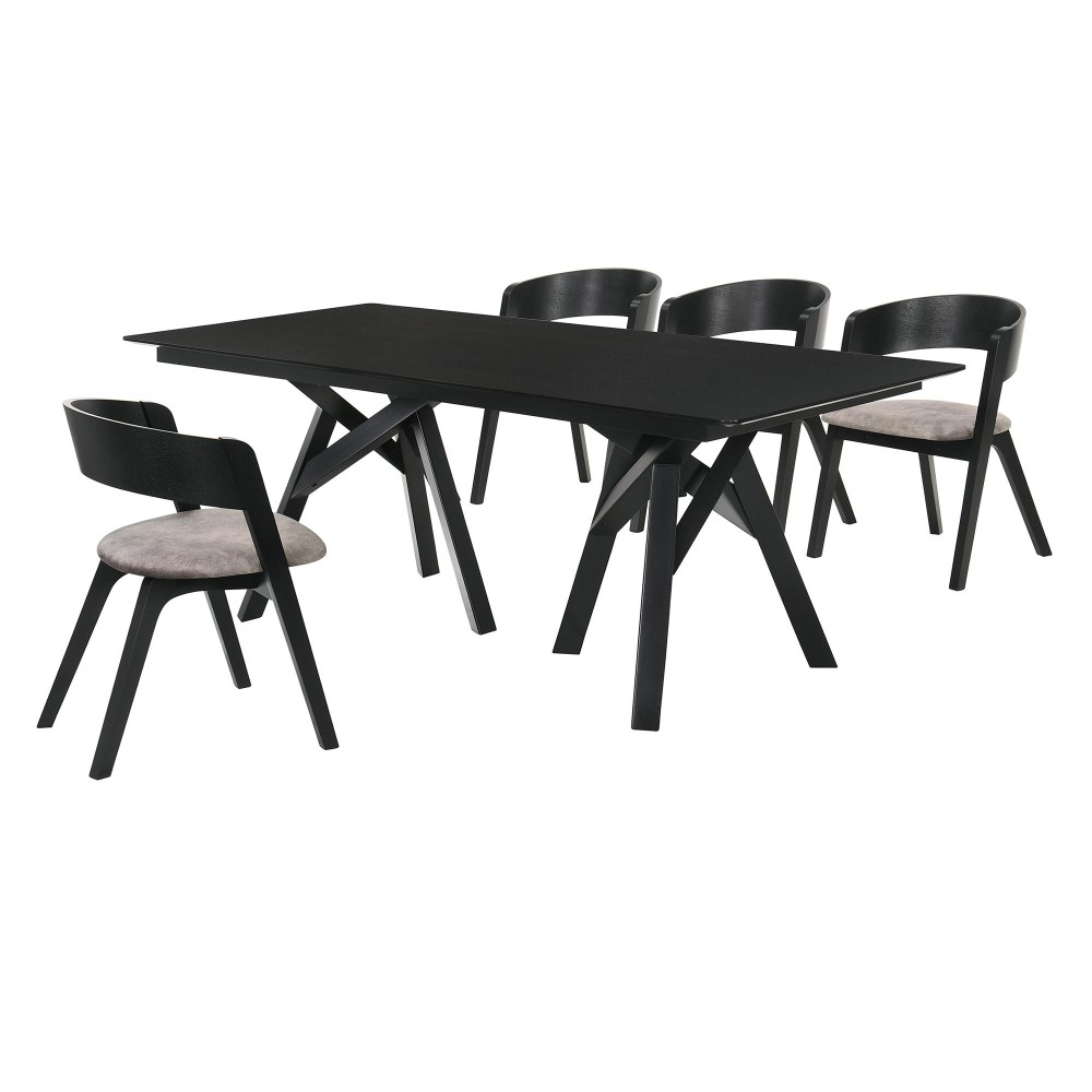 5 Piece Curved Chair Rectangular Dining Set, Black and Brown