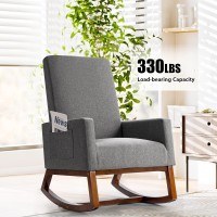 Giantex Upholstered Rocking Chair, Modern Fabric Armchair w/Wood Base, Side Pocket, Linen Padded Seat, High Back Accent Glider Rocker Chair, Mid-Century Leisure Chair for Nursery, Living Room (Gray)