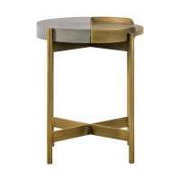 Concrete End Table With X Shape Base, Gray And Gold