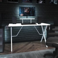 White Gaming Desk with Cup Holder Headphone Hook and MonitorSmartphone Stand