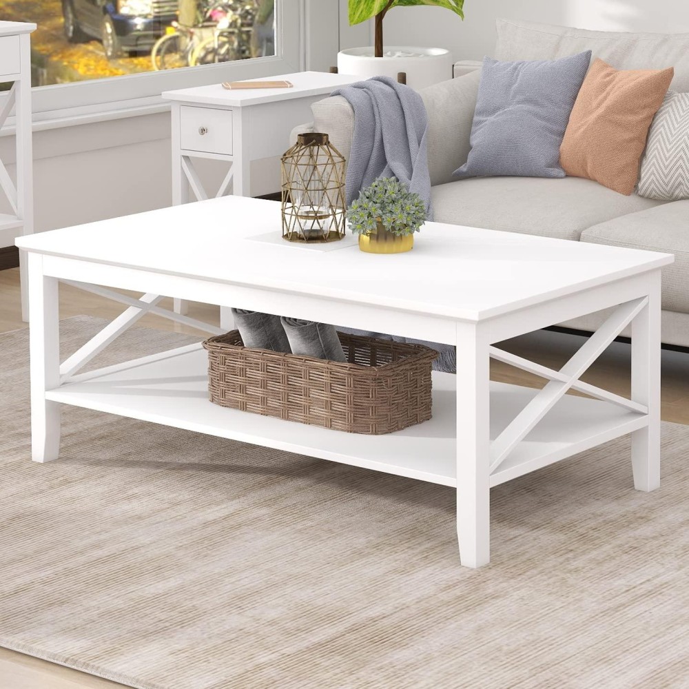 Choochoo Coffee Table Classic X Design For Living Room, Rectangular Modern Cocktail Table With Storage Shelf, 39 Inch (White)