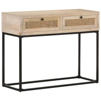 Vidaxl Solid Mango Wood And Natural Cane Console Table - Industrial-Style Rectangular Hall Table With Storage And Sturdy Steel Base, 39.4