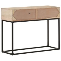 Vidaxl Solid Mango Wood And Natural Cane Console Table - Industrial-Style Rectangular Hall Table With Storage And Sturdy Steel Base, 39.4