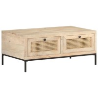 Vidaxl Industrial Style Rectangular Coffee Table Of Solid Mango Wood And Natural Cane With Steel Base For Living Room