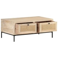 Vidaxl Industrial Style Rectangular Coffee Table Of Solid Mango Wood And Natural Cane With Steel Base For Living Room